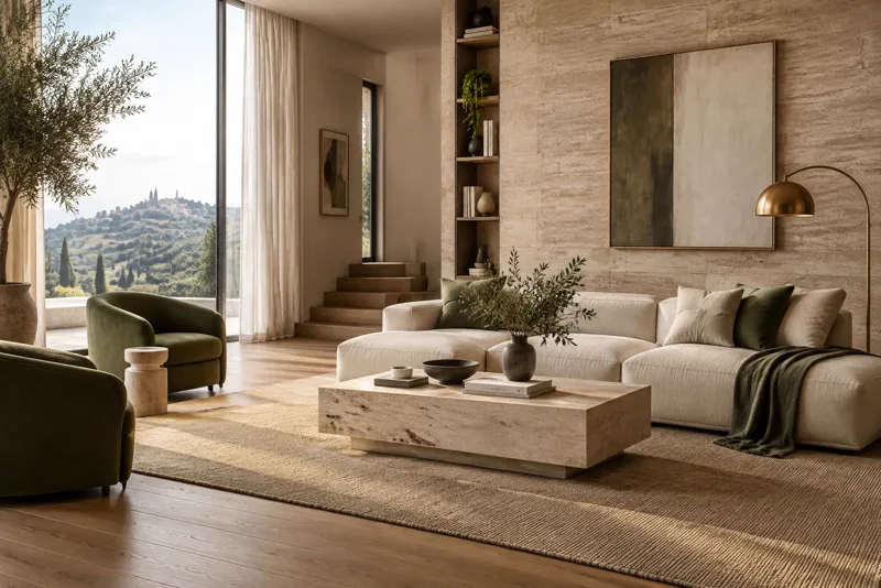 Immagine d'ispirazione: salotto contemporaneo con parete in travertino, pavimento in rovere e grande vetrata sulla collina