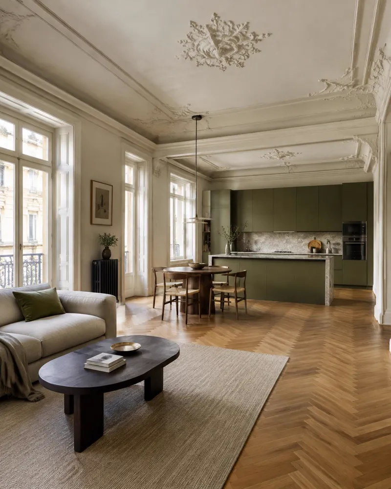 Immagine d'ispirazione: appartamento d'epoca con stucchi, parquet a spina e cucina verde oliva
