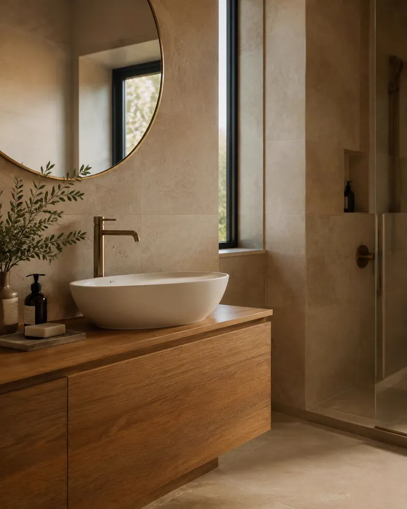 Immagine d'ispirazione: bagno in pietra calda con mobile in rovere, lavabo d'appoggio e rubinetteria in ottone