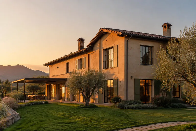 Immagine d'ispirazione: villa con intonaco color pietra, persiane verdi e ulivi al tramonto